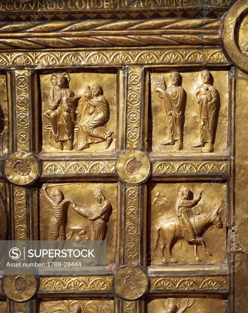 Goldsmith's art, Denmark, 13th century. Wooden altar covered in gold leaf, from Olst near Randers, 1200-1225. Detail: Adoration of the Magi, Massacre of the Innocents and Entry into Jerusalem.