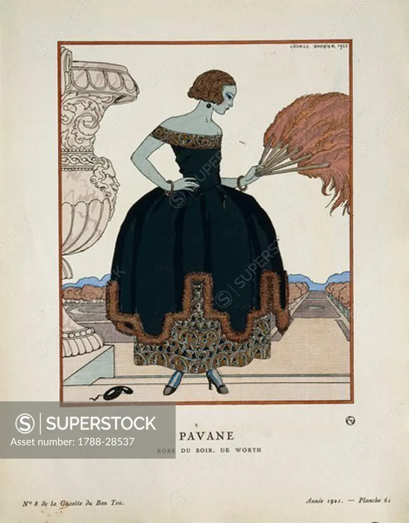 Fashion, France, 20th century. Women's fashion plate depicting evening dress by Worth (Pavane. Robe du soir, de Worth). Drawing by G. Barbier extracted from the periodical La Gazette du Bon Ton, October 1921.