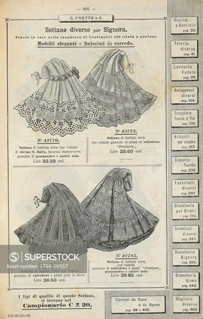 Fashion, Italy 20th century. Various ladies' petticoats. Page from Frette catalogue, 1911.