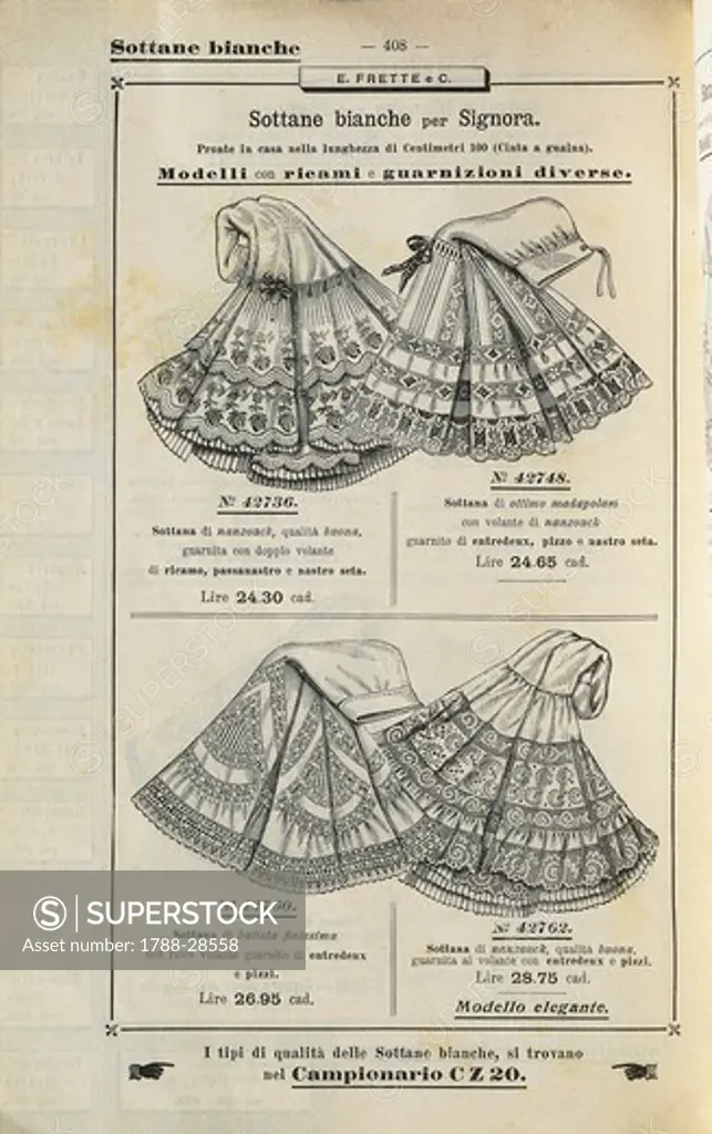 Fashion, Italy 20th century. Ladies' white petticoats. Page from Frette catalogue, 1911.