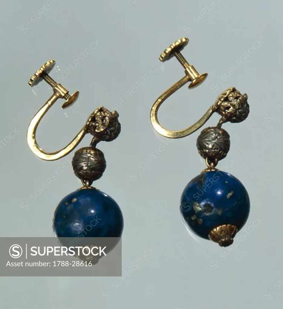 Goldsmith's art, Italy, 20th century. Lapis lazuli earrings with gold and silver elements. Part of a parure together with a waist necklace, created for Gabriele D'Annunzio, 1930s.