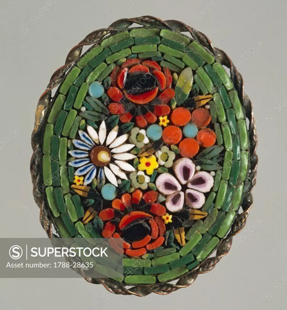 Silversmith's art, Italy, 20th century. Silver brooch with floral mosaic in glass tiles, 1950s.