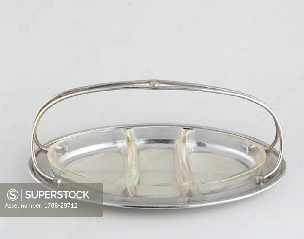 Silversmith's Art, Italy 20th century. Silver and glass food tray. Alessi manufacturing, 1927.