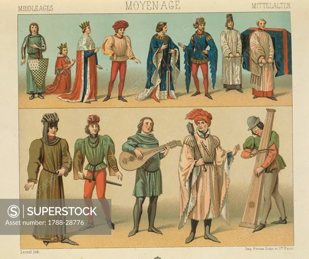 Auguste Racinet (1825-1893), ""Le Costume Historique"" (The Complete Costume History), IV Volume, 1888. France: Historical figures and minstrels of the13th-14th century. Lithograph by Lestel.