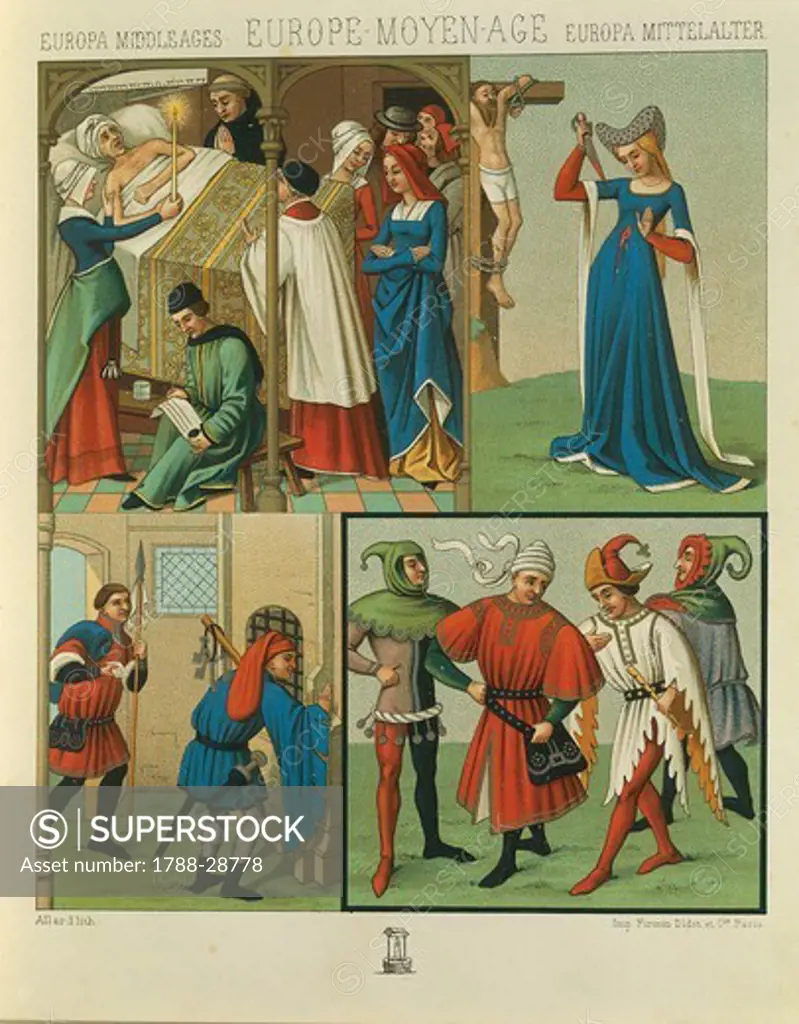 Auguste Racinet (1825-1893),  ""Le Costume Historique"" (The Complete Costume History), Volume IV, 1888. France: Civilian costumes of the 14th century. Lithograph by Allard.
