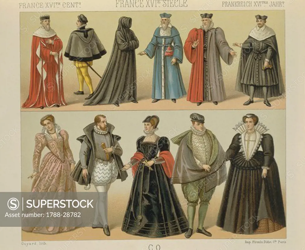 Auguste Racinet, Le costume historique, Volume IV, 1888. France: costumes of 'time of Charles IX and Henry III, XVI century. Lithograph by Guyard.