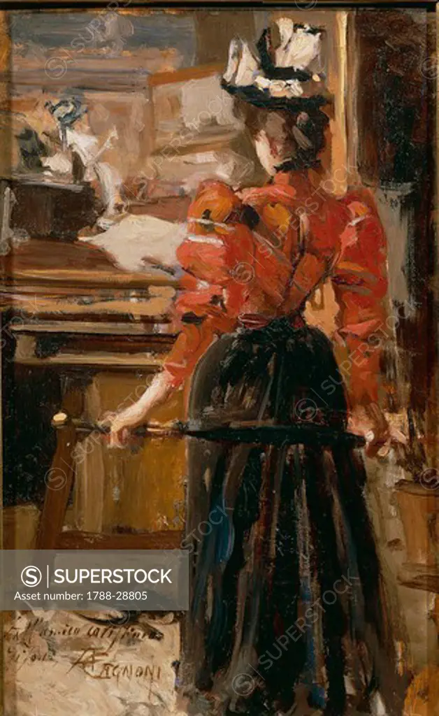 Amero Cagnoni (1855-1923), Painter's Studio with Young Woman Wearing a Hat, 1885-1895, oil on panel, 40x24 cm.