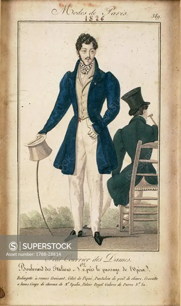 Fashion, France, 19th century. Men's fashion plate. From Modes de Paris Petit Courier des Dames, 1826.