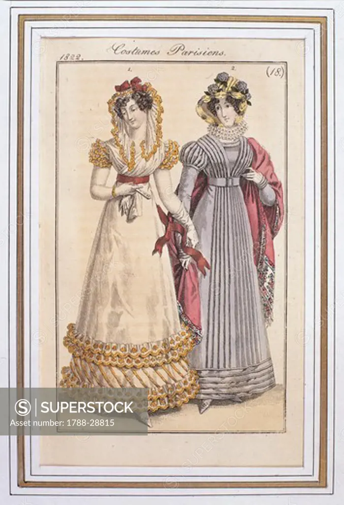 Fashion, France, 19th century. Fashion plate depicting Parisiennes during the Restauration Period (Louis XVIII). Hand-coloured engraving from Costumes Parisiens weekly magazine, 1822.