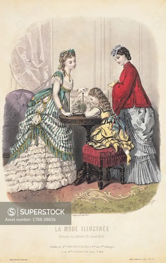 Fashion, France, 19th century. Women wearing dresses of Napoleon III period. From La Mode Illustree, 1870.