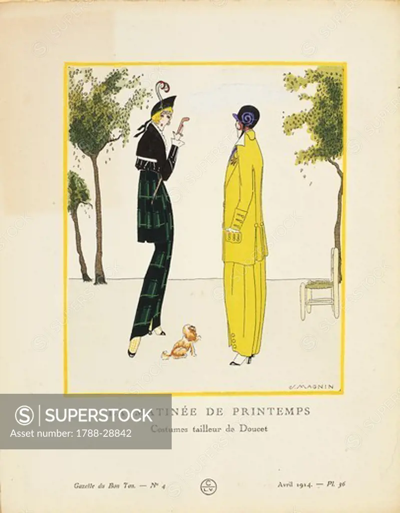 Fashion, France, 20th century. Women's fashion plate depicting suits by Doucet (LA matinee de printemps. Costumes tailleur de Doucet). From La Gazette du Bon Ton, April 1914.