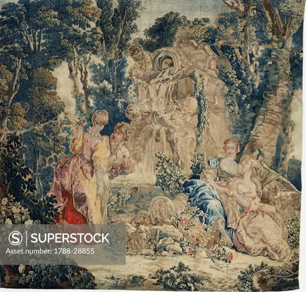 The Fountain of Love, 18th century tapestry based on a cartoon by Francois Boucher, manufacture of Beauvais, from the series La Noble Pastorale.