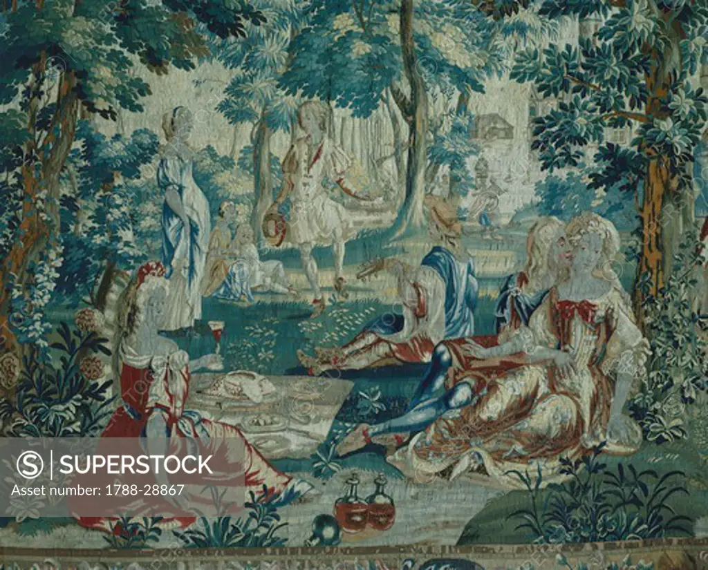 Summer, rural festival, detail of 18th century Gobelins tapestry depicting the Seasons. Rococo Room, Rosenholm Castle, Jutland, Denmark.