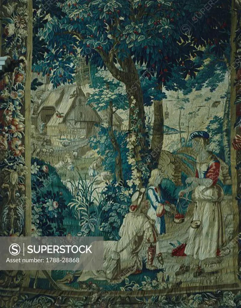 Summer, selling cherries, detail of 18th century Gobelins tapestry depicting the Seasons. Rococo Room, Rosenholm Castle, Jutland, Denmark.