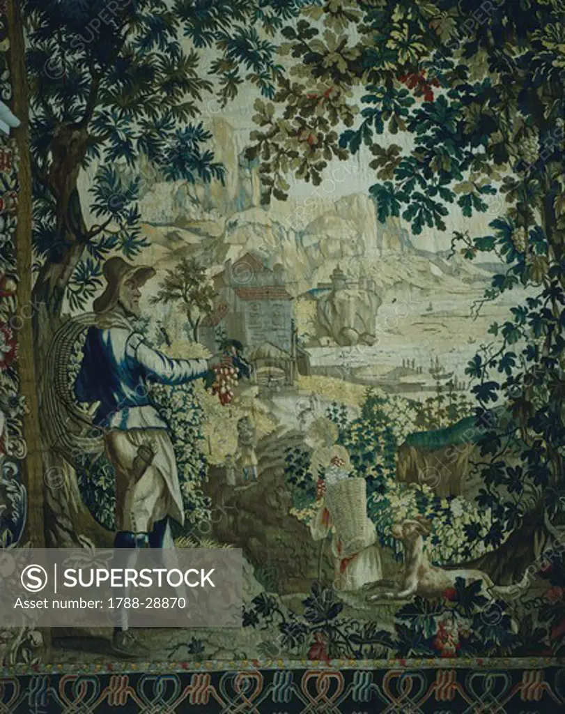 Autumn, detail of 18th century Gobelins tapestry depicting the Seasons. Rococo Room, Rosenholm Castle, Jutland, Denmark.