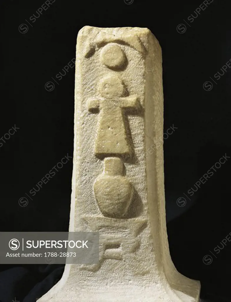 Punic Art - 4th century b.C. - Limestone votive cippus with relief depicting a bottle on an altar, symbol of Carthaginian Goddess Tanit
