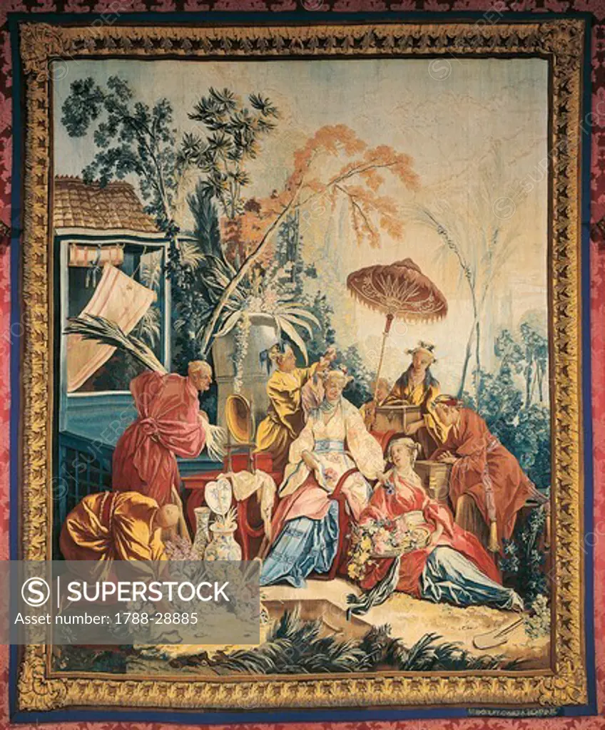 The flower market, 18th century tapestry based on a cartoon by Francois Boucher, 1743-75, manufacture of Beauvais, from the series Tenture chinoise