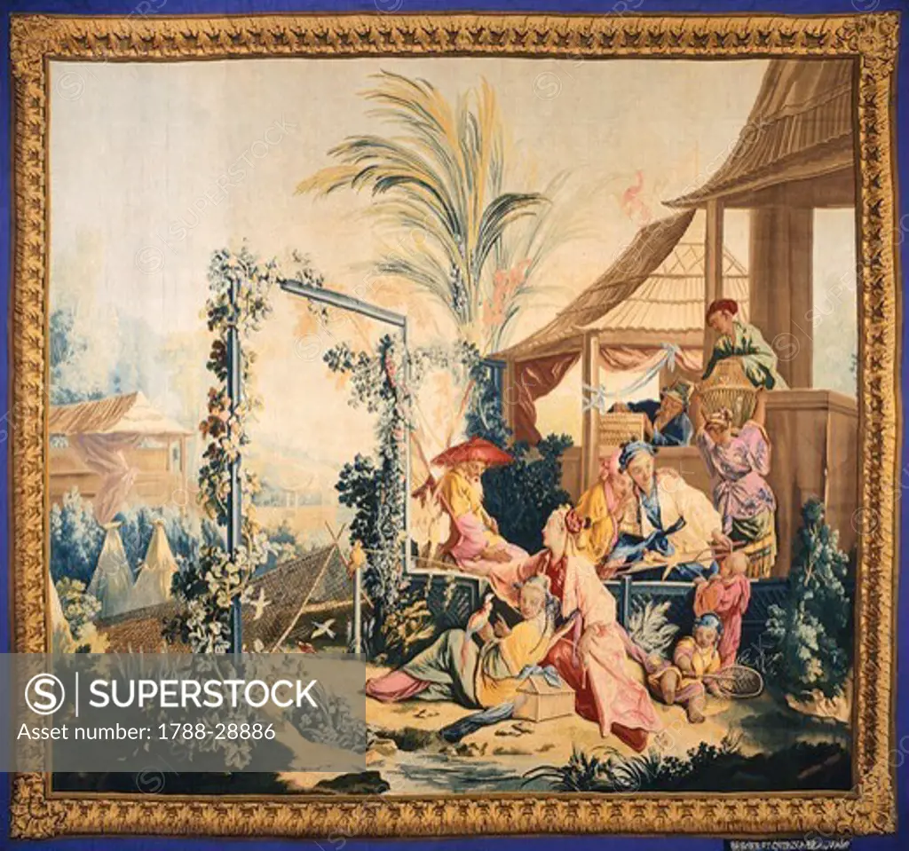 The Chinese Hunting, or the Birds' Seller, 18th century tapestry based on a cartoon by Francois Boucher, manufacture of Beauvais, from the series Tenture chinoise.