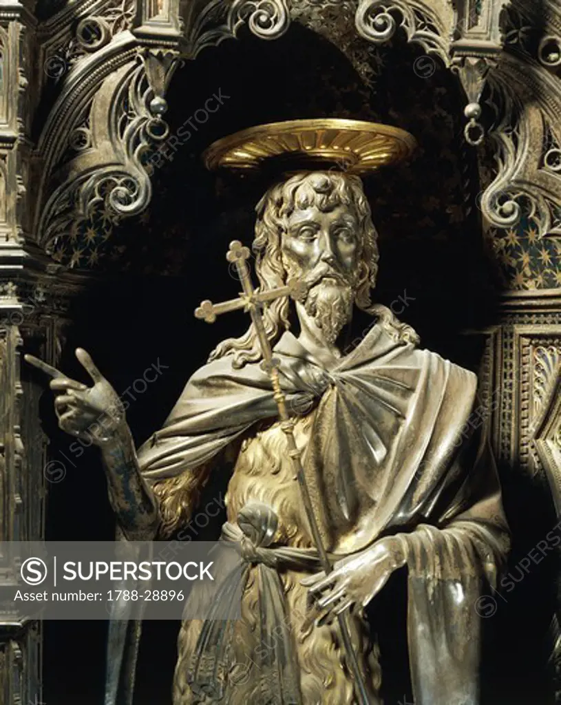 Silversmith's art, Italy, 15th century. Silver altar of the Baptistery of San Giovanni, begun 1367. Detail: Michelozzo di Bartolomeo (1396-1474), statue of Saint John the Baptist.