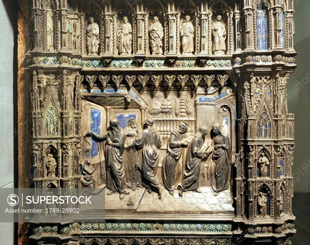 Silversmith's art, Italy, 15th century. Silver altar of the Baptistery of San Giovanni, begun 1367. Detail: Bernardo Cennini (1415-1498), Stories from the life of Saint John the Baptist: announcement to Zechariah and Visitation.