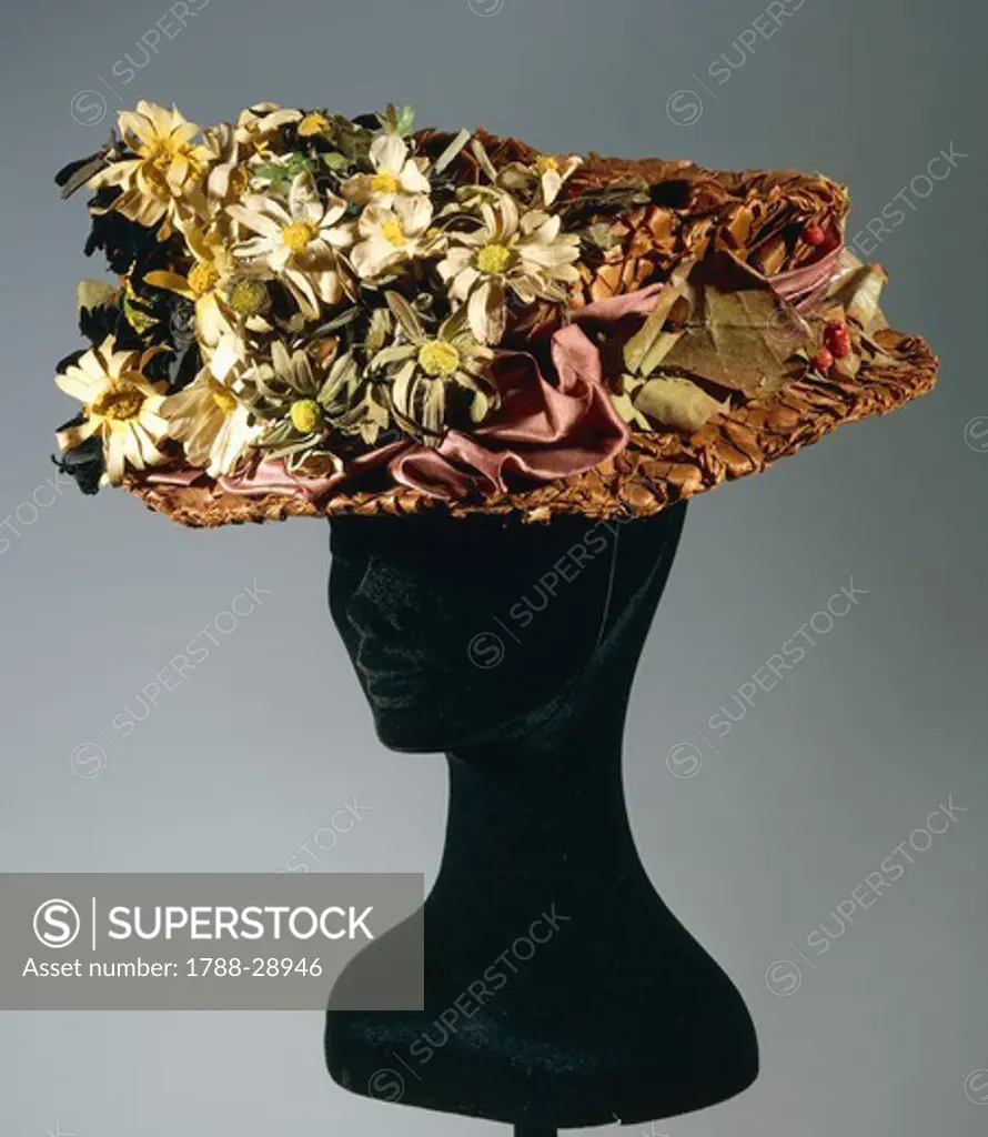 Fashion, 20th century. Women's capote wood straw hat with silk satin flowers, leaves and berries. France, early 1900.