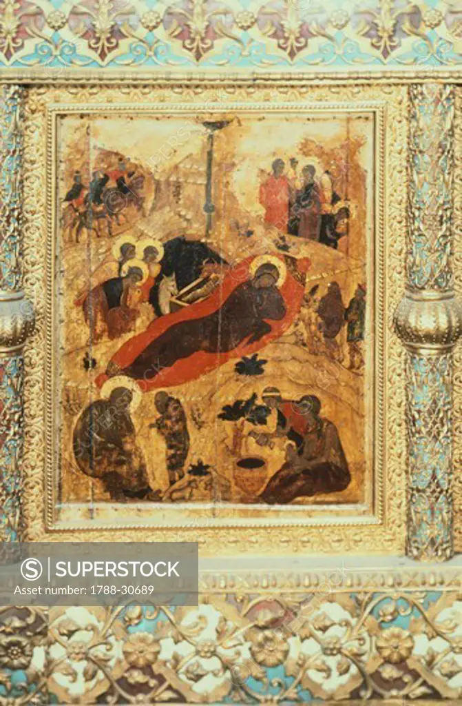 The Birth of Christ, 1405, by Andrei Rublev or Andrej Rubljov (1360-1430), Icon, Cathedral of the Annunciation, Moscow.