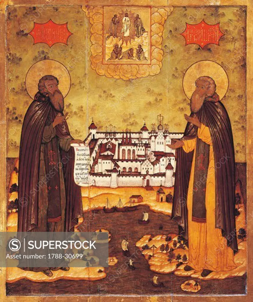 St Zosima and St Sabbatius founders of Solovetsky Monastery on Solovetsky Island in the White Sea (15th Century), Tempera on wood, Russia, 18th Century.
