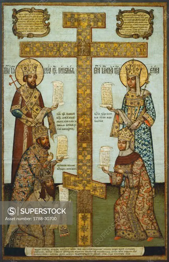 Adoration of the Cross showing Constantine and Saint Helen (top), Tsar Alexei Mikhailovich and Empress Maria Llinicna, Patriarch Nikon, Russia, 18th Century.