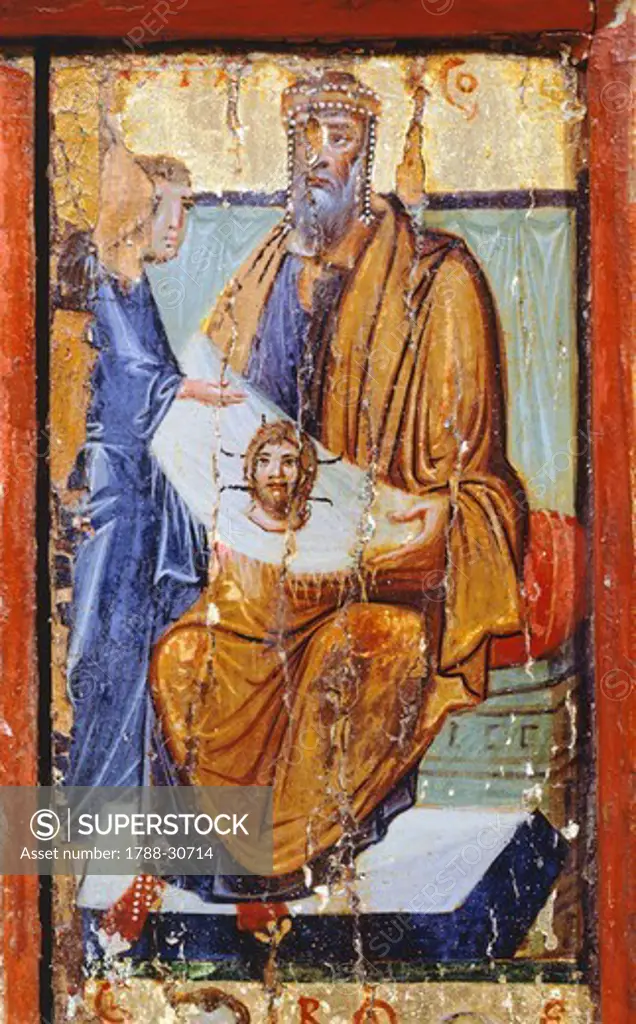 Abgar the King holding a cloth showing the holy face of Christ, from History of King Abgar and Saints, Byzantine panel, 940, St Catherine's Monastery, Sinai, Egypt, Detail.