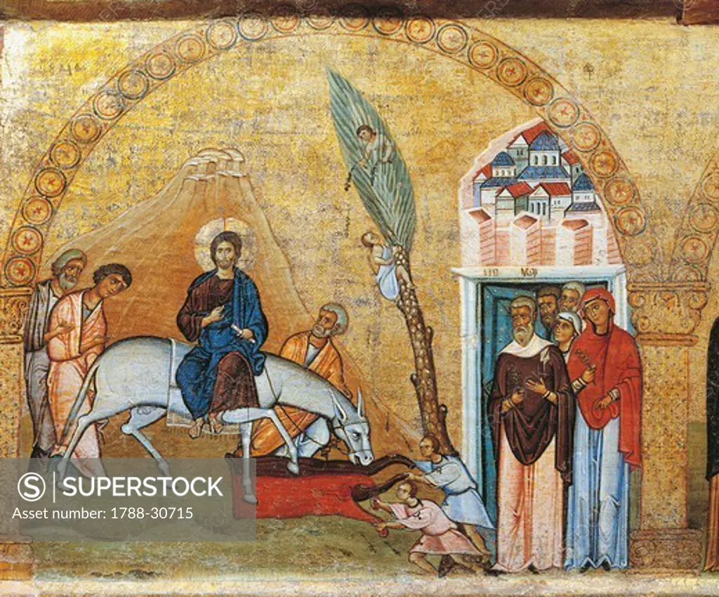Christ's Arrival in Jerusalem, from a fragment of an architrave panel of a tempietto, Byzantine panel, first half of 11th Century, 118x44 cm, detail.