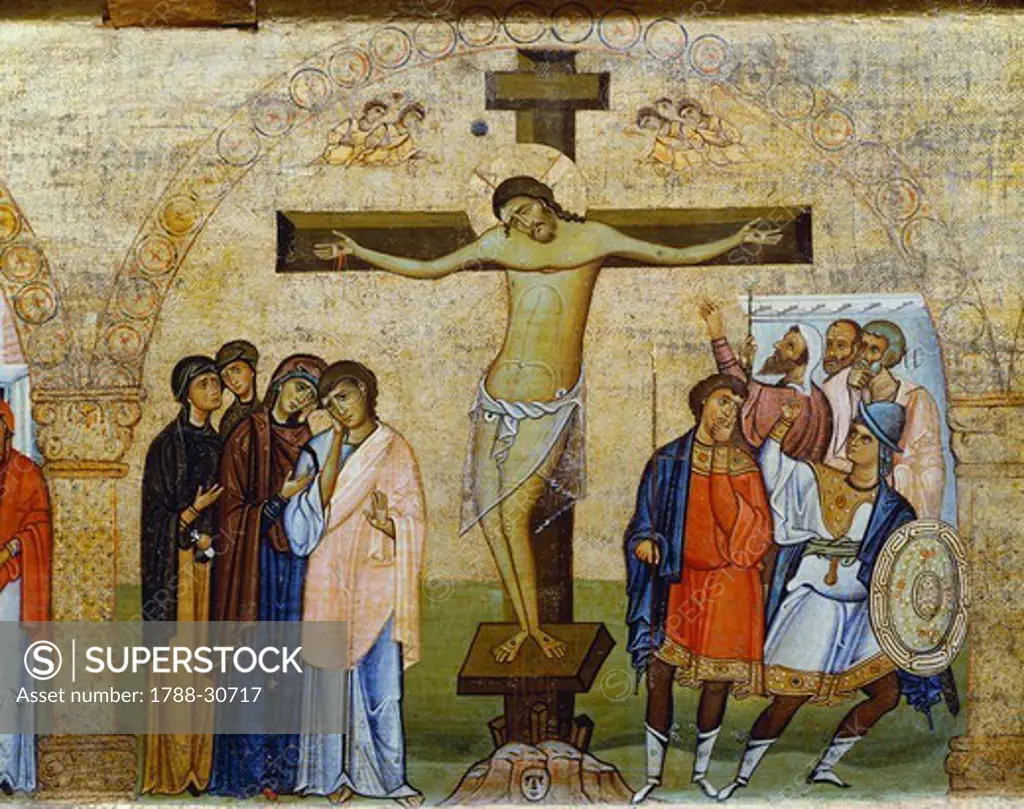 The Crucifixion, from a fragment of an architrave panel of a tempietto, first half of 11th Century, Byzantine panel, 118x44 cm, detail.