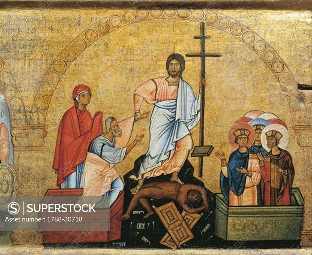 The Anastasi (Resurrection): the risen Christ raises Adam and Eve, from a fragment of an architrave panel of a tempietto, Byzantine panel , first half of 11th Century, 118x44 cm, detail.