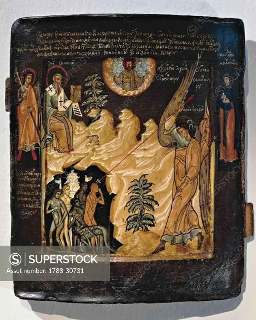 St Sisino, sitting on Mount Sinai, orders the Archangel Michael to destroy the seven women symbolizing the seven malignant fevers, Icon, Russia, 17th Century.