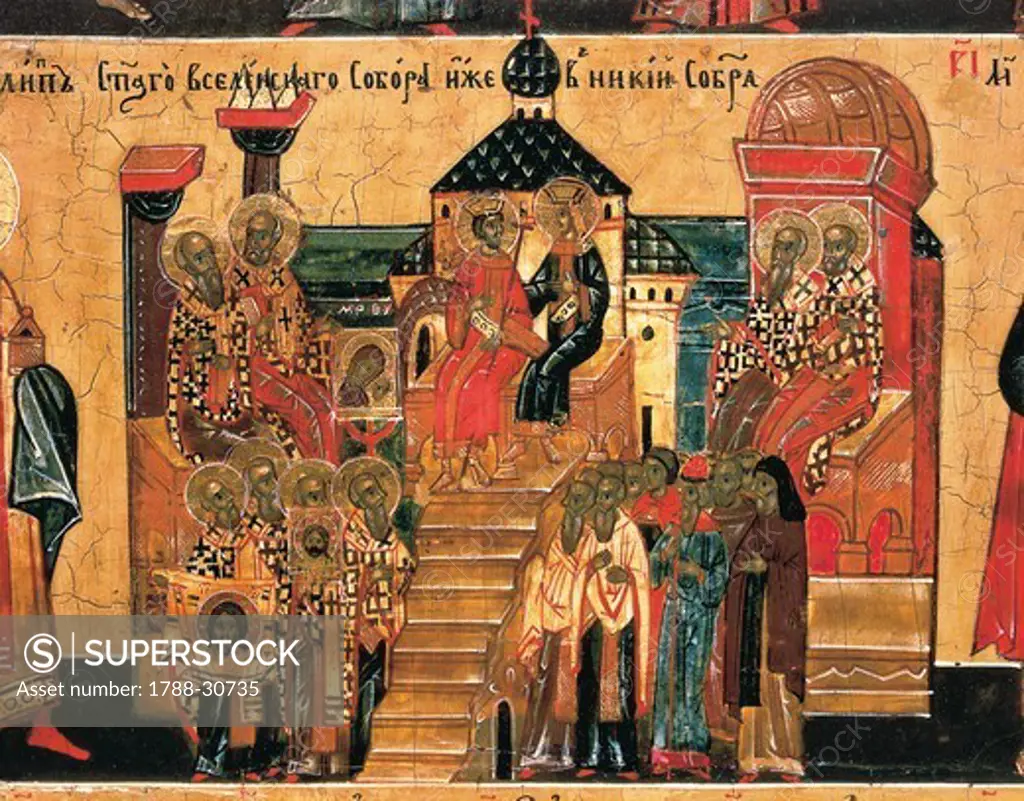 The Council of Nicea, from the calendar showing the month of October, Icon, Novgorod Region, Russia, mid-18th Century, detail.