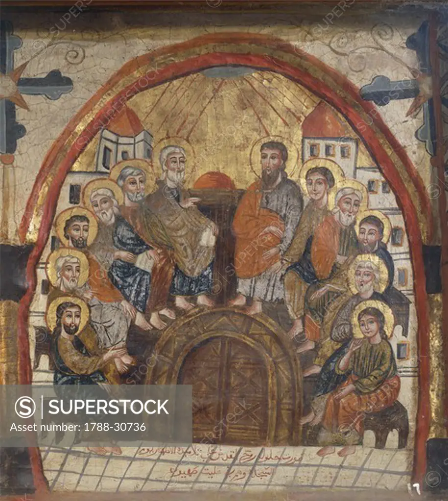 The Pentecost, by an unknown artist from the Byzantine-influenced Coptic school, Wooden icon, Church of St Barbara, Cairo, Egypt, 14th Century.