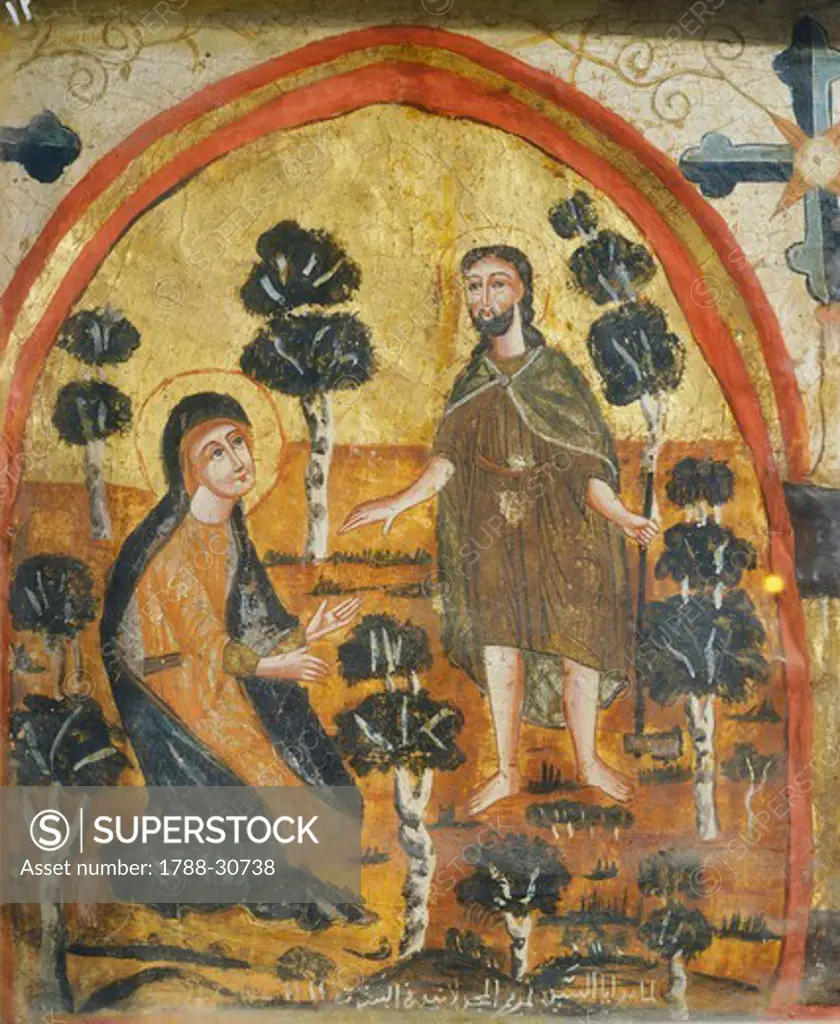 Christ and Mary Magdalene (Noli Me Tangere), by an unknown artist from the Byzantine-influenced Coptic school, Wooden icon, Church of St Barbara, Cairo, Egypt, 14th Century.