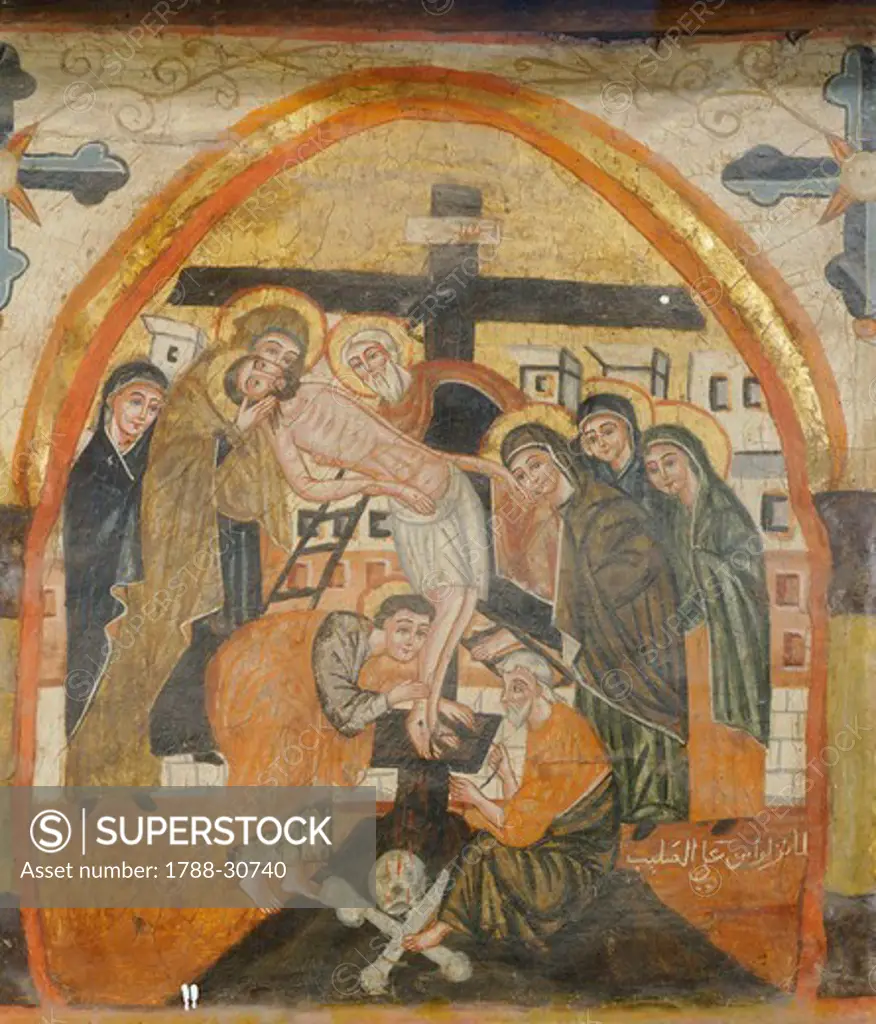 Deposition of Christ, by an unknown artist from the Byzantine-influenced Coptic school, Wooden icon, Church of St Barbara, Cairo, Egypt, 14th Century.