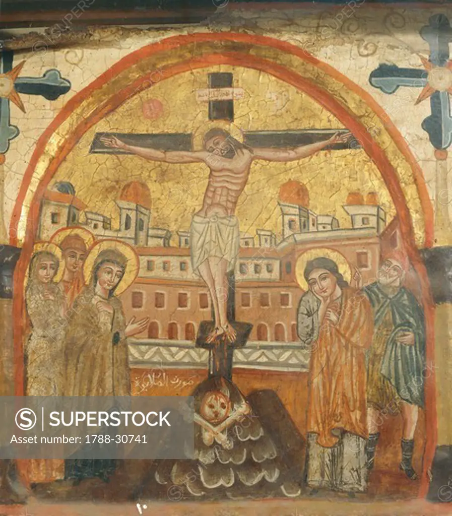 The Crucifixion, by an unknown artist from the Byzantine-influenced Coptic school, Wooden icon, Church of St Barbara, Cairo, Egypt, 14th Century.