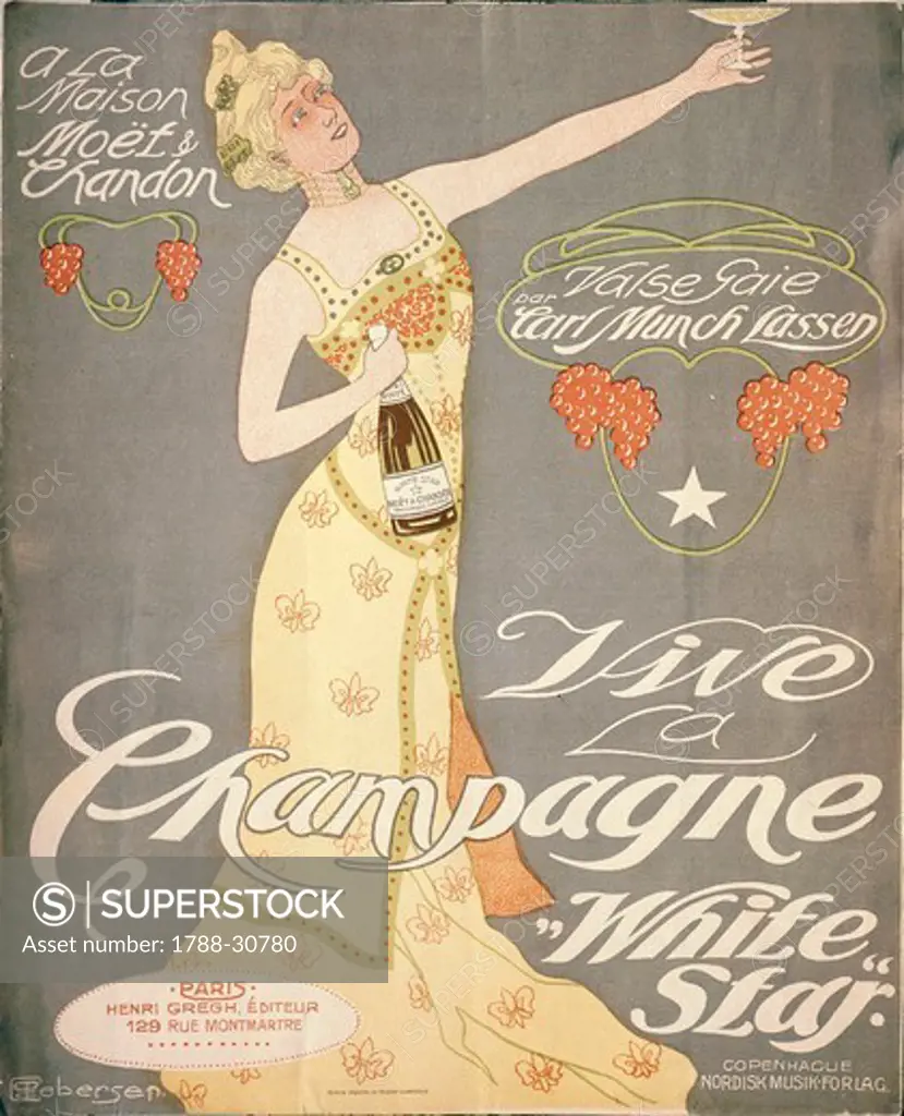 Posters, France - Maison Moet et Chandon, Vive la Champagne White Star, Valse gaie par Carl Munch Lassen. Cover of a song booklet advertising Champagne.