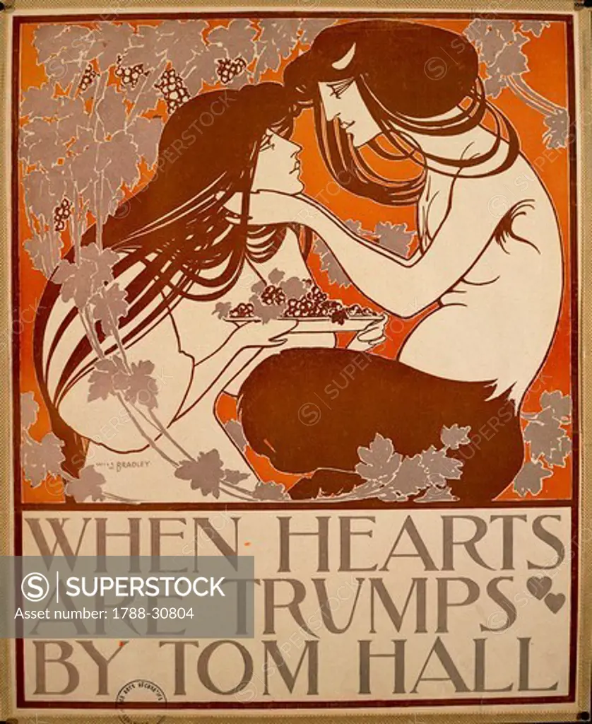 United States of America, 20th century. Illustration by William Bradley (1868-1962), advertising the book When hearts are trumps, by Thomas Winthrop Hall.