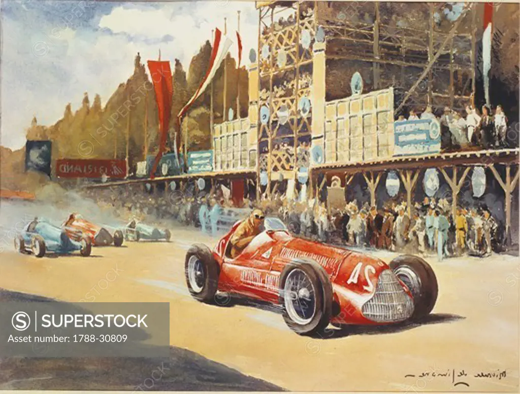 Posters, Italy, 20th century - Alfa Romeo car during a car racing.