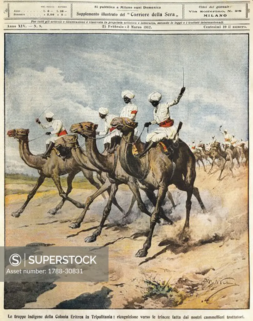 Indigenous troops from the Eritrean Colony in Tripolitania. Illustrator Achille Beltrame (1871-1945), from La Domenica del Corriere, 25th February 1912.
