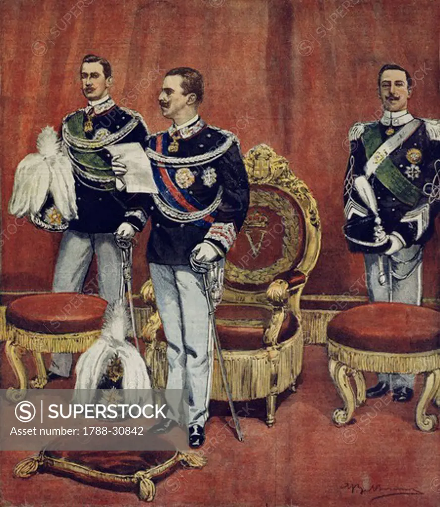 The swearing in of King Vittorio Emanuele III in the Senate Chambers in Rome. Illustrator Achille Beltrame (1871-1945), from La Domenica del Corriere, 19th August 1900.
