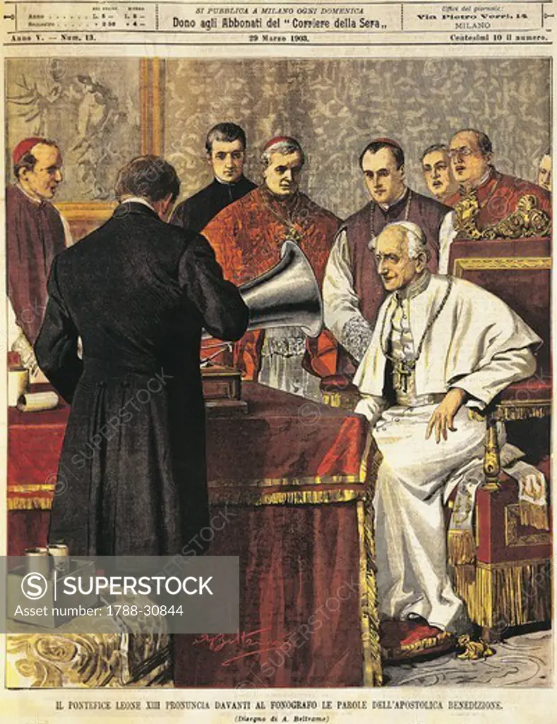 Pope Leone XIII reading the Benediction into a gramophone. Illustrator Achille Beltrame (1871-1945), from La Domenica del Corriere, 29th March 1903.
