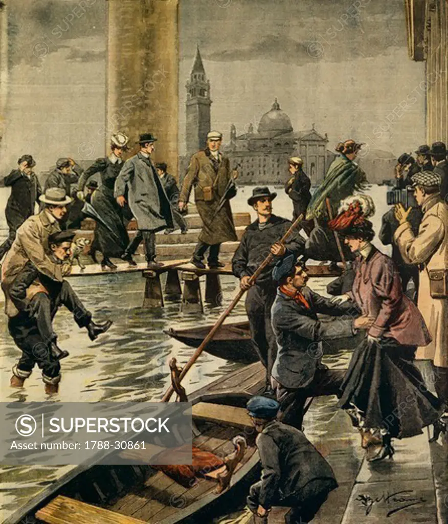 The phenomenon of high water in St. Mark's Square in Venice. Illustrator Achille Beltrame (1871-1945), from La Domenica del Corriere, 11th November 1906.