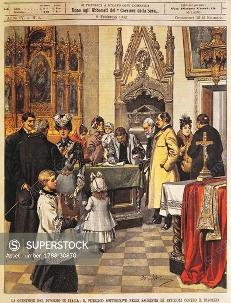 The public sign the petition against divorce in the sacristy. Illustrator Achille Beltrame (1871-1945), from La Domenica del Corriere, 9th February 1902.