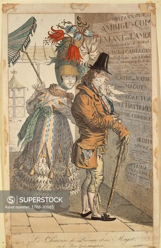 France, 19th century. Adrien Victor Auger (1787-1854), La Chinoise de Province et son Magot, ou le Bon Gout transplante', 1813. Caricature, print.