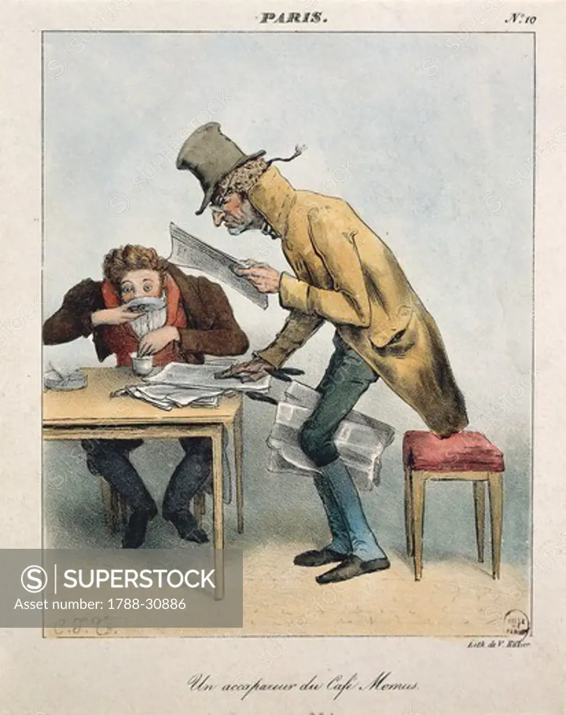 France, 19th century. A man monopolizes the newspapers in a Paris cafe' (Paris. Un accapareur du Cafe' Momus). Lithograph by Ralier, 1825. Caricature.
