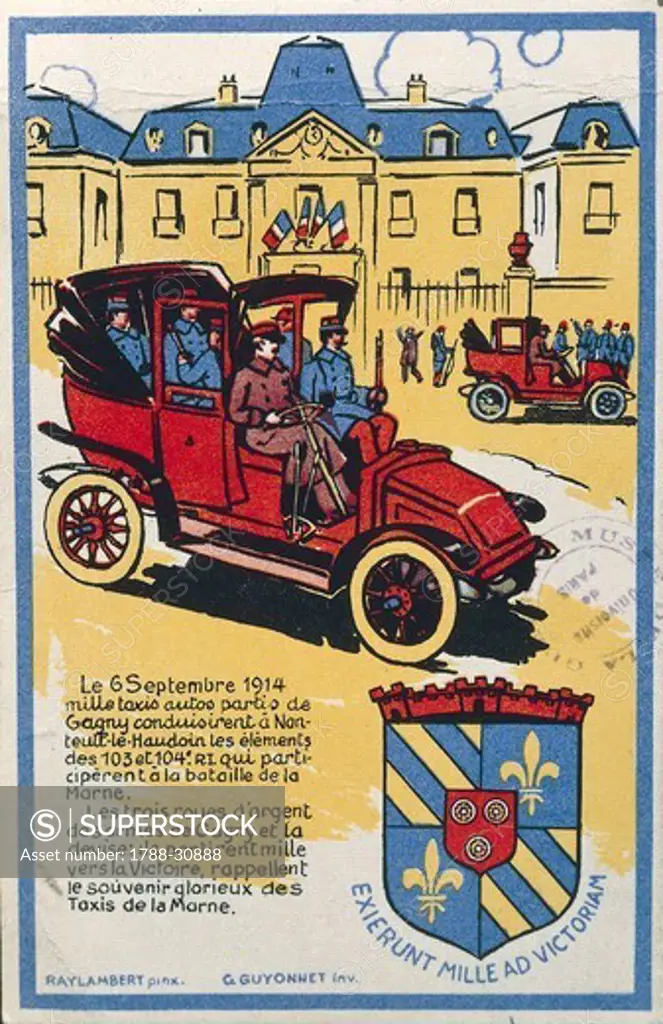 France, 20th century, First World War - Motto of Gagny, Exierunt mille ad victoriam (Thousand taxis headed to the victory). Illustration of the taxis of the Marne, september 6, 1914.