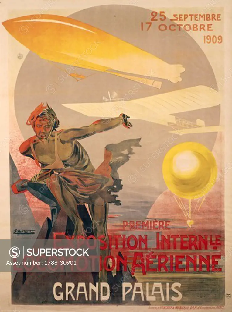 Posters, France, 20th century. Premiere Exposition International de Locomotion Aerienne, poster for the first international exhibition of aerial locomotion, September 25 - October 17, 1909. By Ernest Montaut.